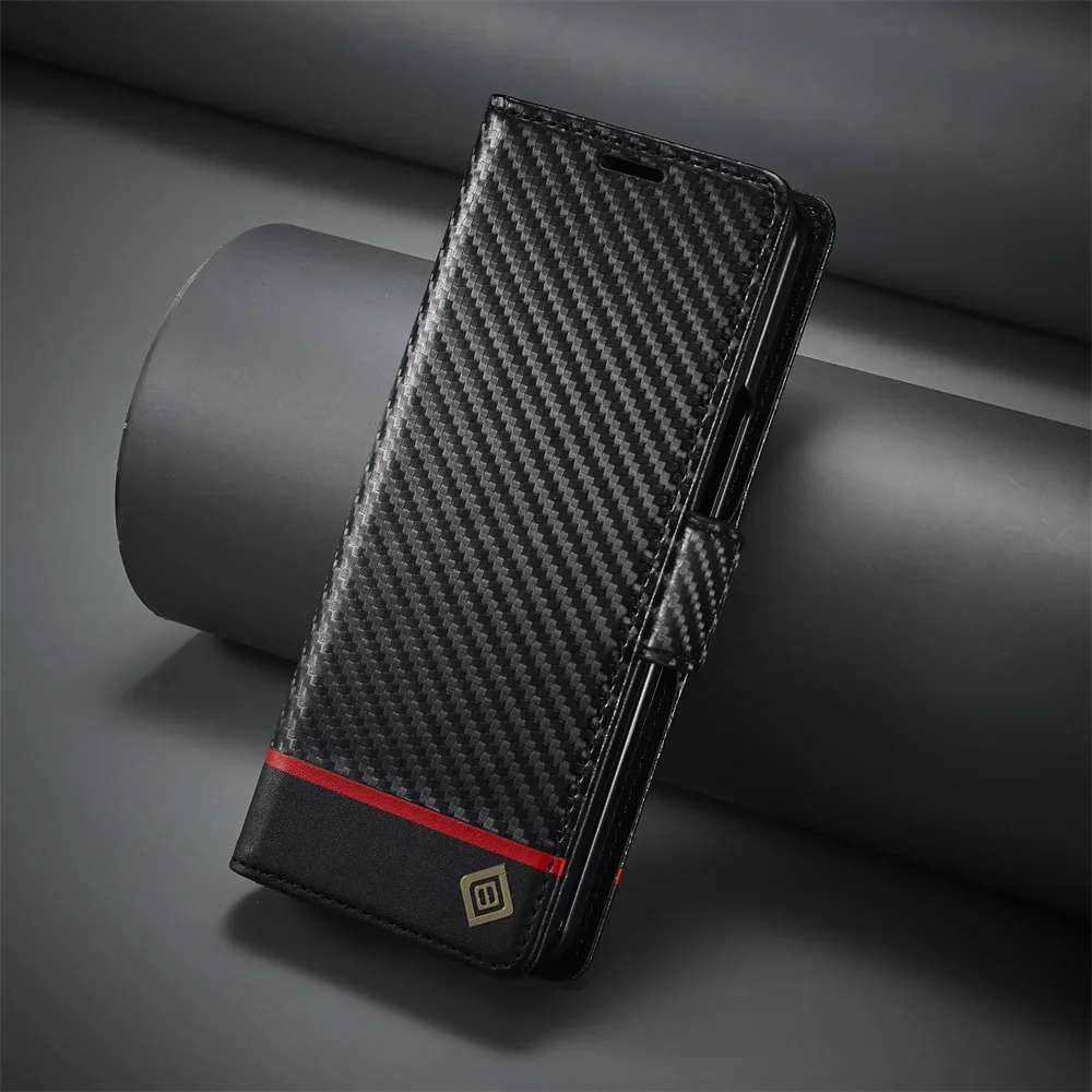 Leather Wallet Card Holder Phone Cover - Luksusowe etui z włókna węglowego PU